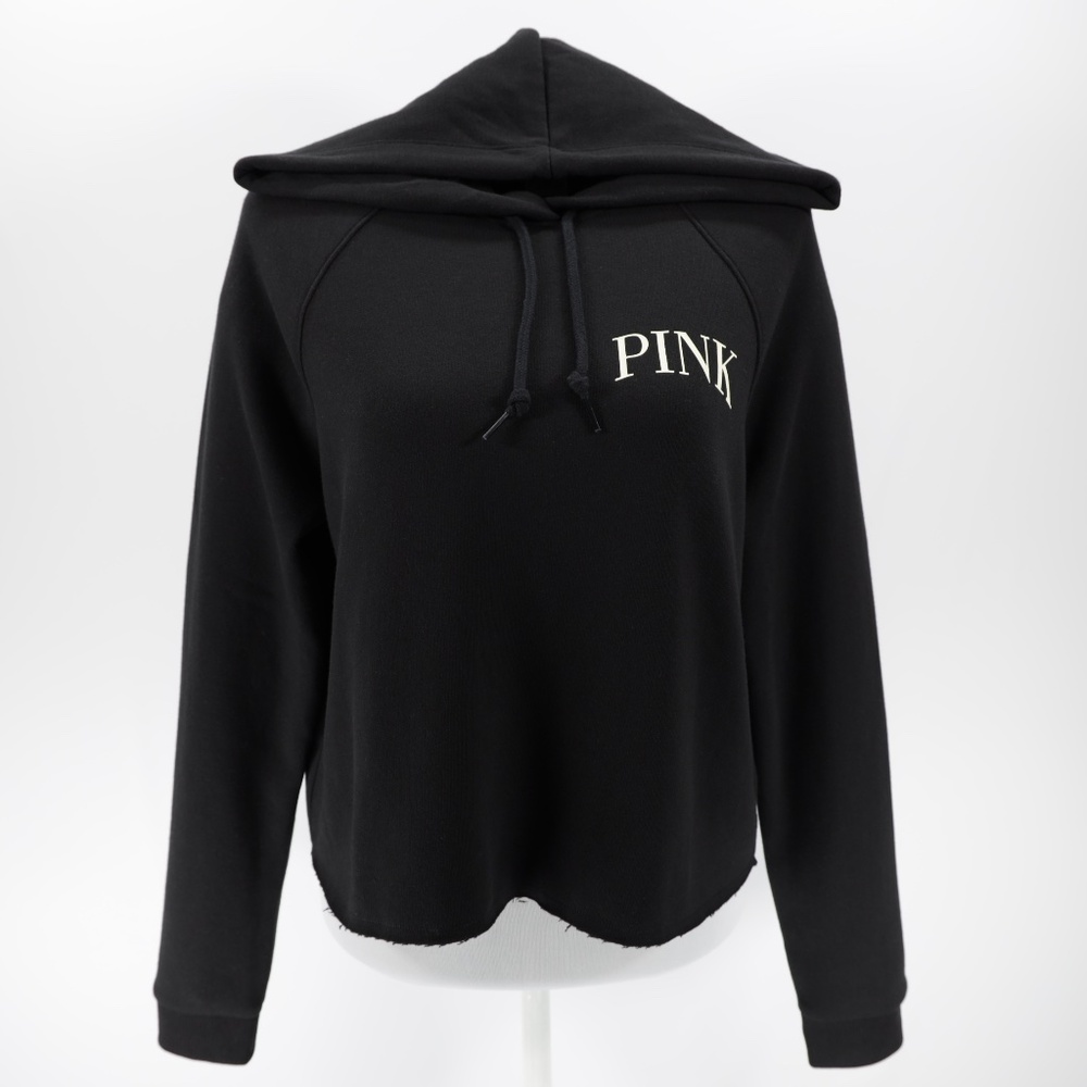 Pink Women's Raw Edge Hem‎ Cropped Everyday Fleece Pullover Hoodie Black Size L